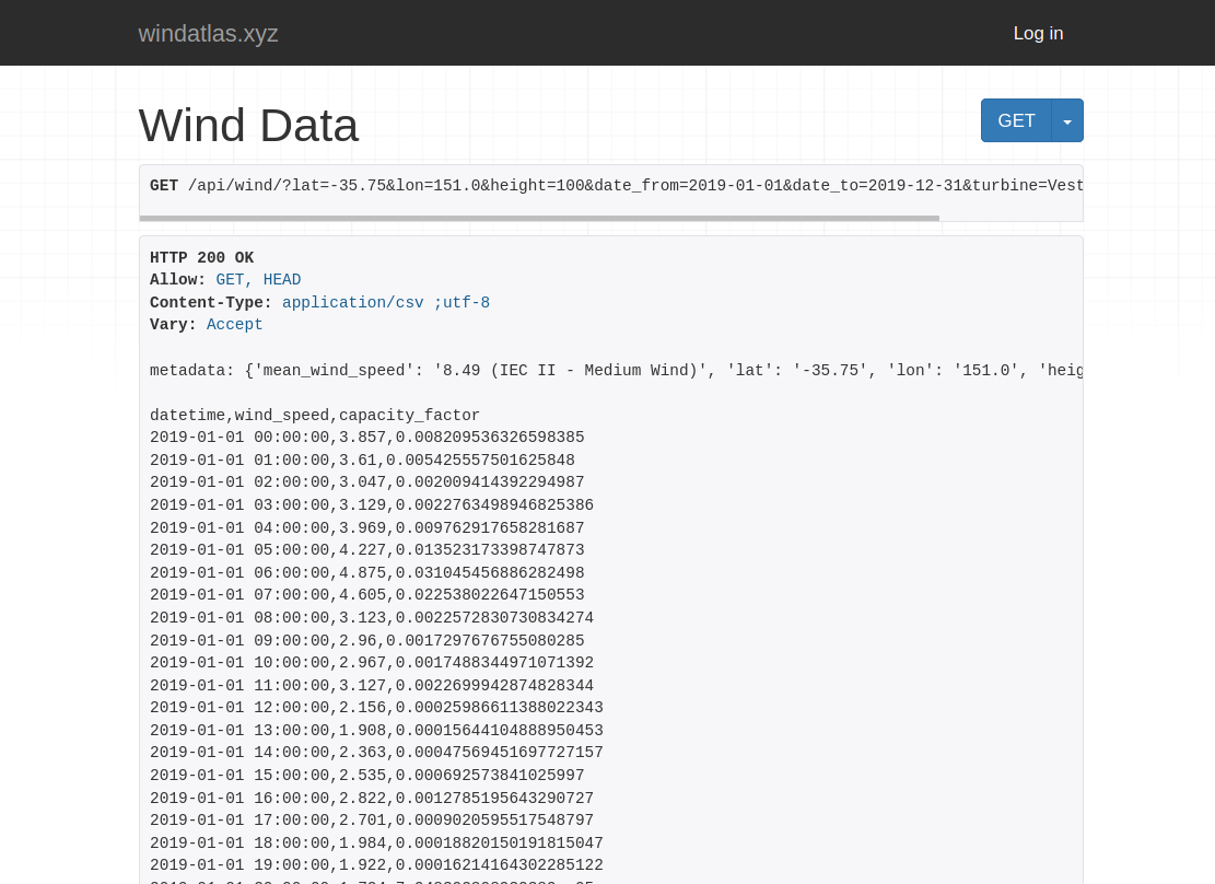 Image shows API for downloading wind data